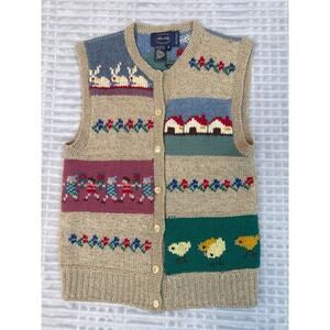Vintage Wool Allen Solly Sweater Vest Small farm kids chickens rabbits windmill